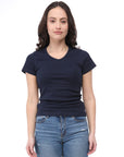 T-shirt à col en V en coton EFIA pour femme bleu Switcher