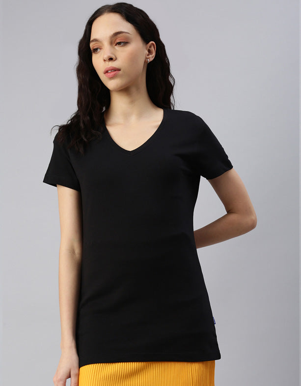 Femme T-shirt col V de Switcher-Noir-Baleine-Coton-Polyester recyclé