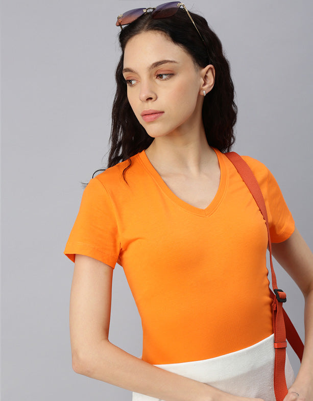T-shirt col V-femme-baleine-coton-polyester recyclé-orange-switcher
