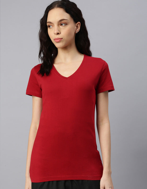T-shirt rouge à col en V pour femmes-Baleine-Switcher