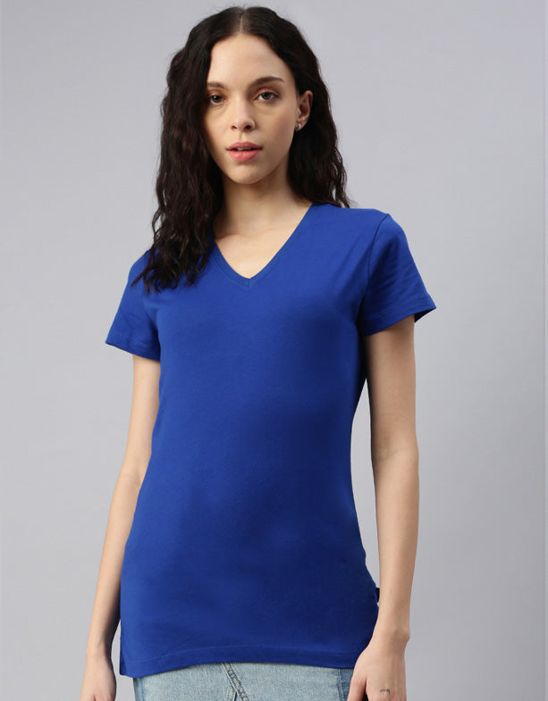 T-shirt col V-femme-baleine-coton-polyester recyclé-Bleu-Switcher
