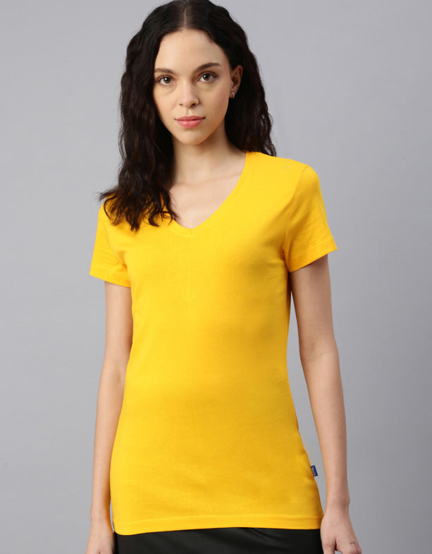 T-shirt col V-femme-baleine-coton-recyclé-polyester-jaune-switcher