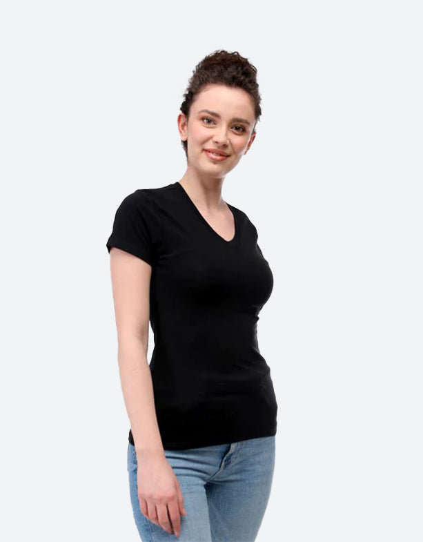 T-shirt femme coton col en V Noir-Switcher